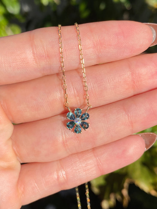 14K Gold Mini Paperclip Chain Necklace with London Blue Topaz Diamond Flower Charm