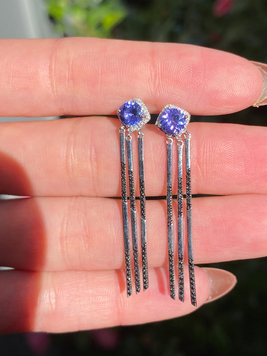 14K White Gold Tanzanite & Diamond Drop Earrings – Black & White Diamond Accents (1.3 TCW)