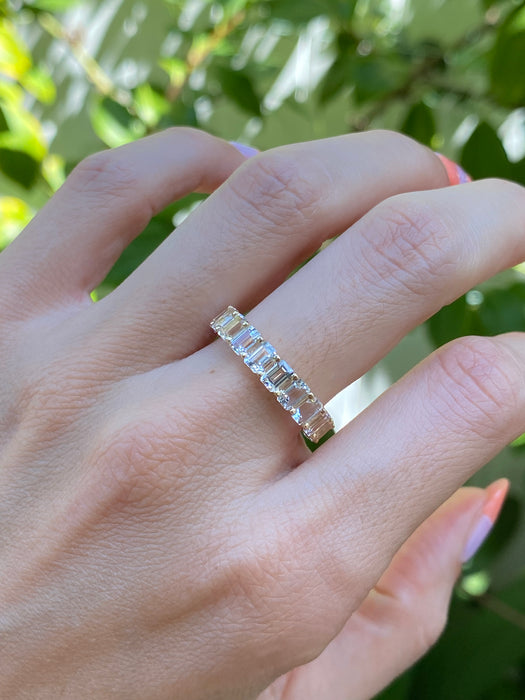 14k white topaz emerald cut eternity ring size 6.5