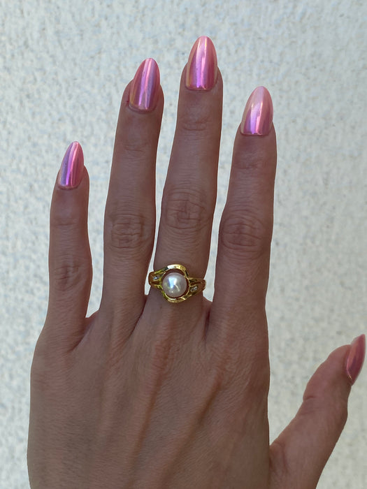 Vintage 14K Gold Pearl and Diamond Ring – Size 5