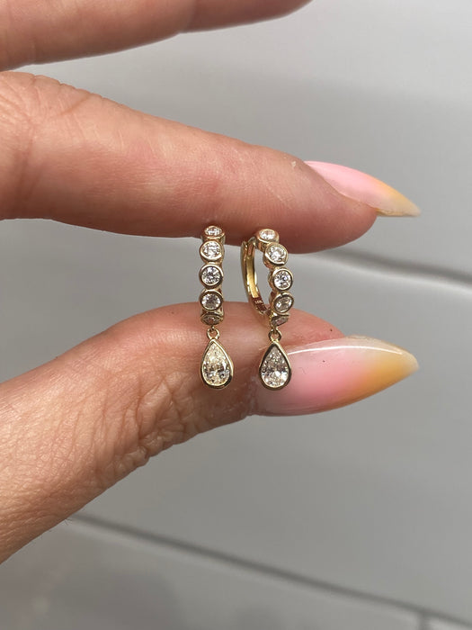 14K Gold Lab Diamond Bezel Huggie Earrings with Pear Drop