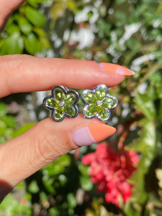 14k white gold diamond peridot flower omega back earrings