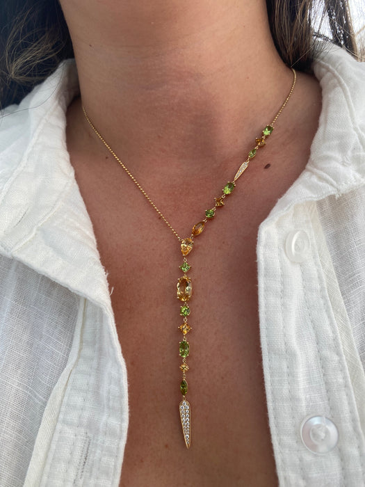 Vintage 18K Gold Peridot & Citrine Lariat Necklace with Diamond Accents
