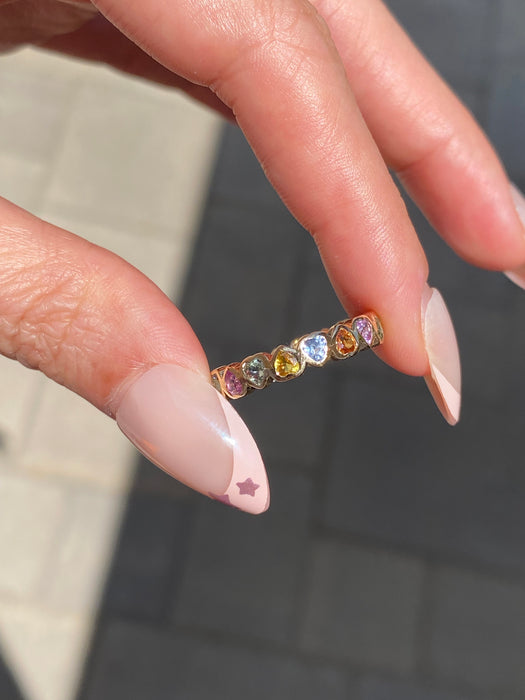 14K Gold Rainbow Sapphire Heart Eternity Ring