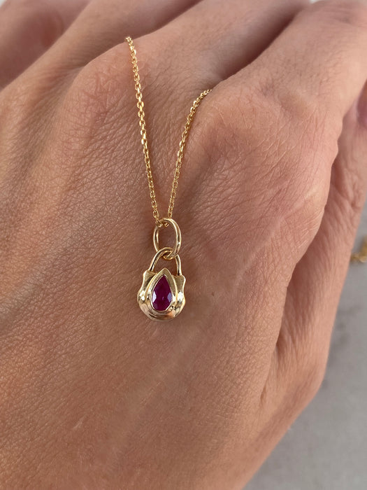 14K Gold Bezel-Set Pear Ruby Shield Pendant