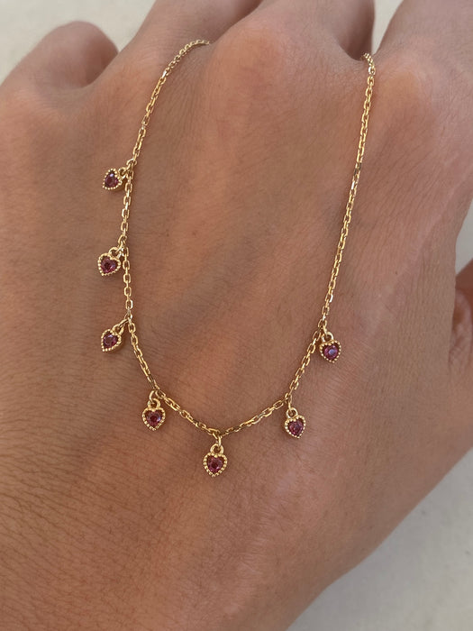 14K Garnet Heart Charm Station Necklace