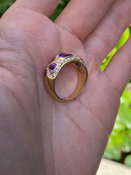 Vintage 18K Gold Amethyst Heart Ring with Diamond Accents – Size 7