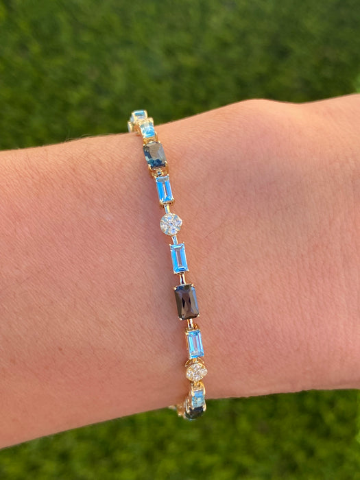 14K Gold Swiss & London Blue Topaz Diamond Tennis Bracelet