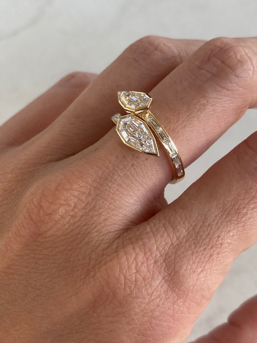 14K Open Bypass Step Cut Pear Diamond Ring