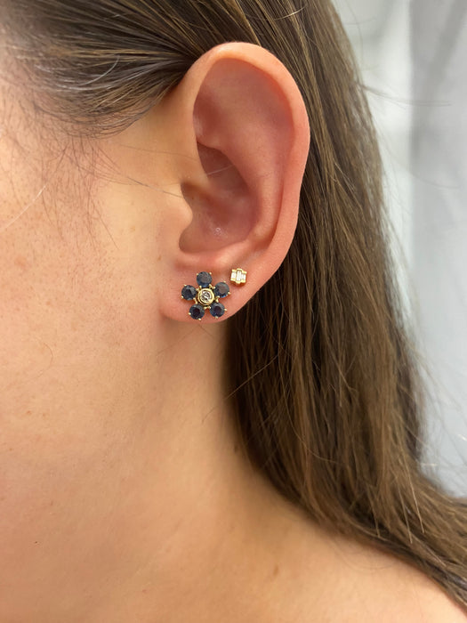 14K Gold Blue Sapphire & Diamond Flower Stud Earrings
