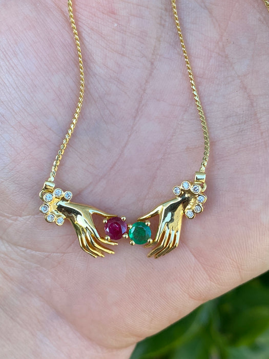 Vintage 18K Gold Hand Necklace with Ruby, Emerald & Diamond Accents – 16.25”