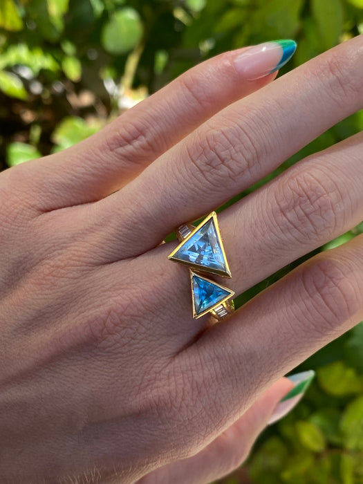 14k diamond aquamarine topaz trillion bypass ring size 6.5