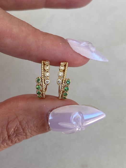 14K Gold Green Garnet & Diamond Huggie Earrings