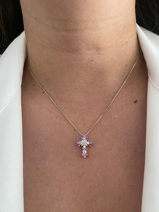 18k white gold pink sapphire diamond cross necklace