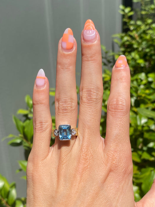 Platinum 900 18k aquamarine heart diamond ring size 4.75