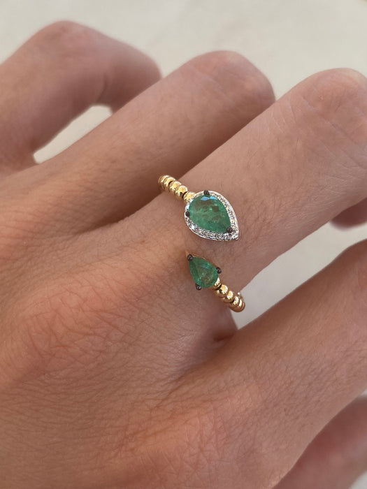 14K Gold Emerald & Diamond Bead Ring