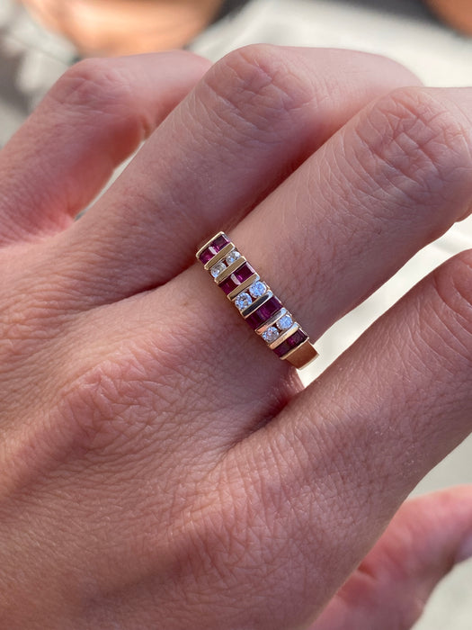 Vintage 14K Gold Ruby & Diamond Ring – Princess Cut Rubies with Round Diamonds – Size 7
