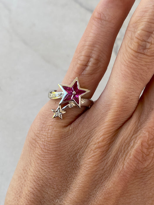 Vintage Platinum 900 Ruby & Diamond Star Ring – Kite-Cut Rubies