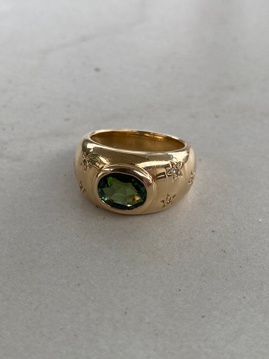 14K Green Tourmaline & Diamond Star Bombe Ring