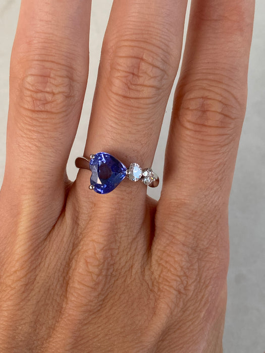 Vintage Platinum 900 Blue Sapphire Heart & Diamond Ring –Size 6.5
