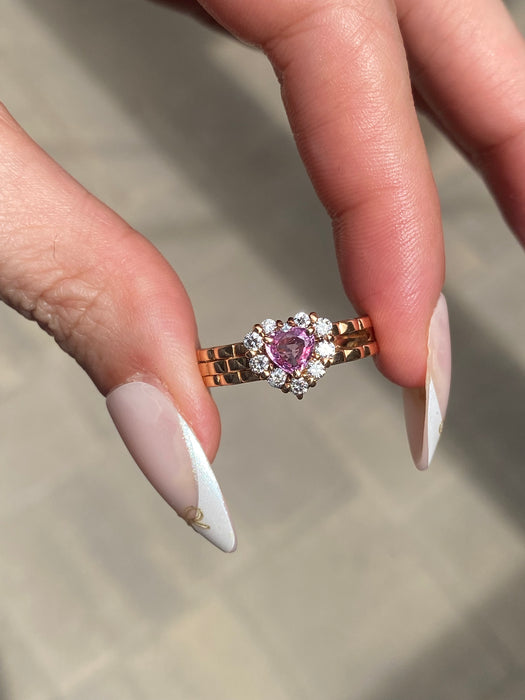 Vintage 18K Rose Gold Pink Sapphire Heart Ring with Diamond Halo – Size 7
