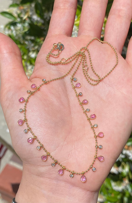 14k bead bezel set pink sapphire diamond necklace