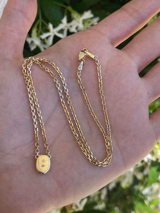14k mini biker chain necklace with diamond oval charm 15.5”
