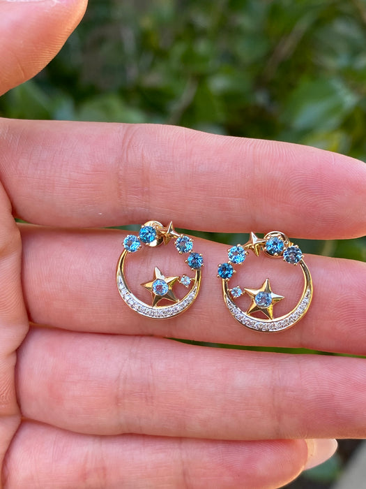 14K Gold Blue Topaz & Diamond Star Stud Earrings