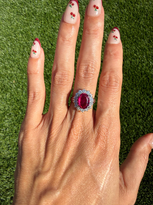 Vintage Platinum 900 Rubellite Tourmaline & Diamond Halo Ring