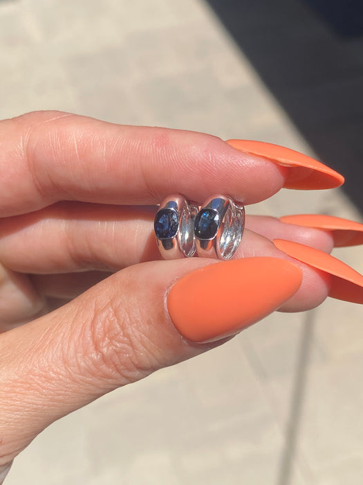 14K White Gold Blue Sapphire Huggie Hoop Earrings