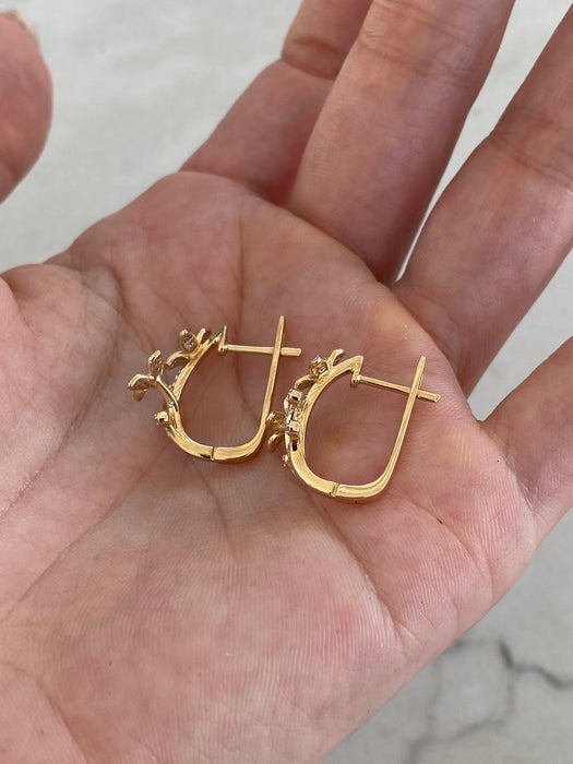 14K Diamond Flower Huggie Earrings