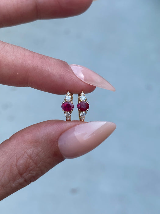 14K Gold Natural Ruby & Diamond Huggie Earrings