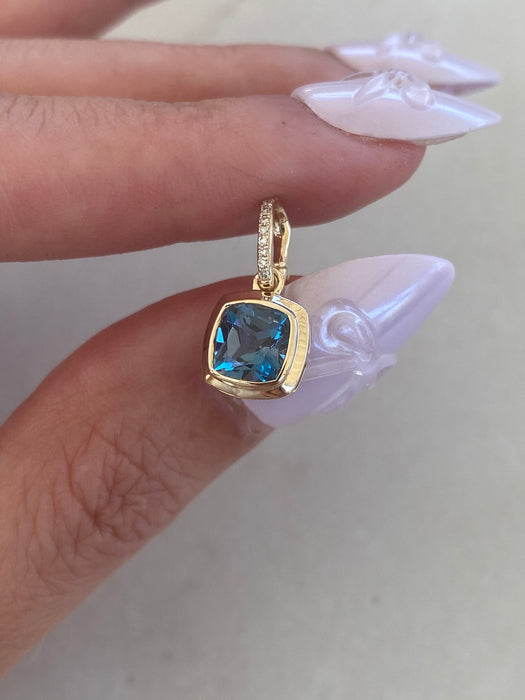 14K Gold London Blue Topaz & Diamond Cushion Charm