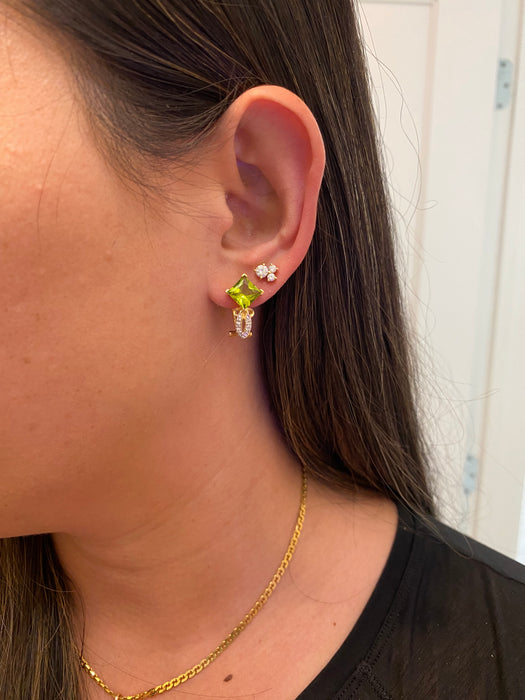 Vintage 14k Gold Peridot and Diamond Omega Back Earrings | Princess Cut Peridot