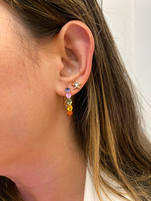 14K 6 TCW Rainbow Sapphire Oval Hoop Earrings