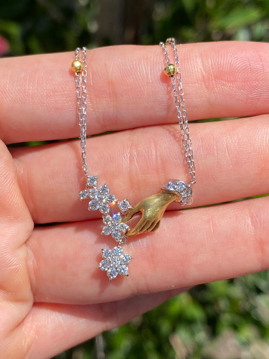 Vintage Two-Tone 18K Platinum 900 Diamond Hand & Flower Necklace
