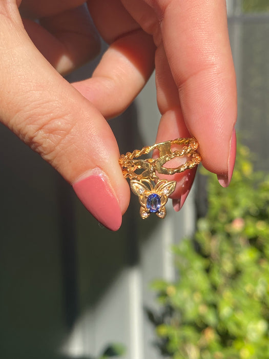 18k dangly blue sapphire diamond butterfly ring size 5.75