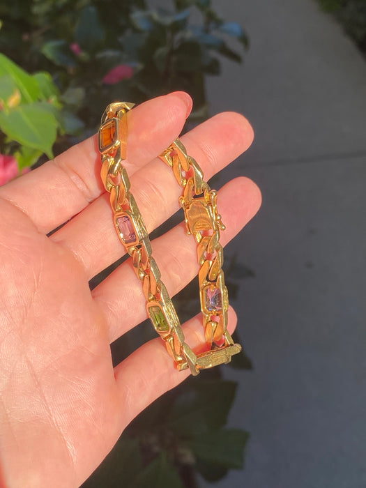Vintage 14k Solid Gold Rainbow Gemstone Curb Bracelet | Emerald Cut Peridot Amethyst Citrine | 7”