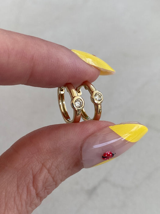 14k Gold Huggie Earrings with Bezel-Set Diamond – 0.10 CTW