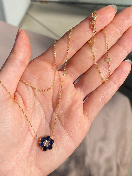 14k blue sapphire and diamond flower necklace 16” or 18”