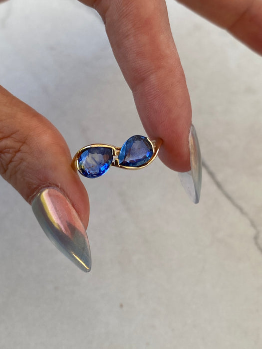 14K Gold Double Pear Blue Sapphire Ring – 2.86 TCW Size 8