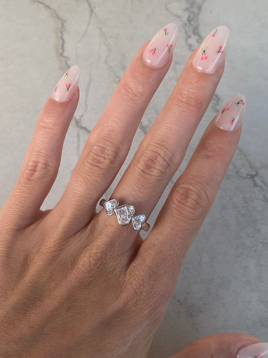 Vintage Platinum 900 Triple Heart Natural Diamond Ring