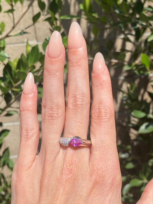 Vintage Platinum 900 Pink Sapphire Pear Ring with Diamonds – Size 10.25