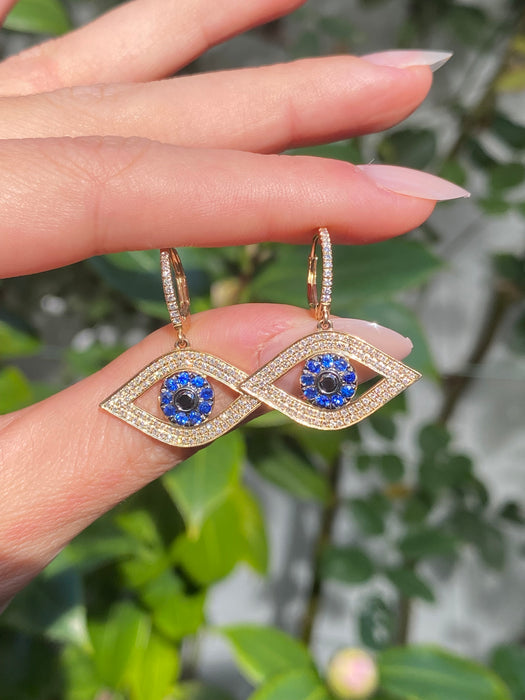 14k diamond blue sapphire evil eye huggie earrings