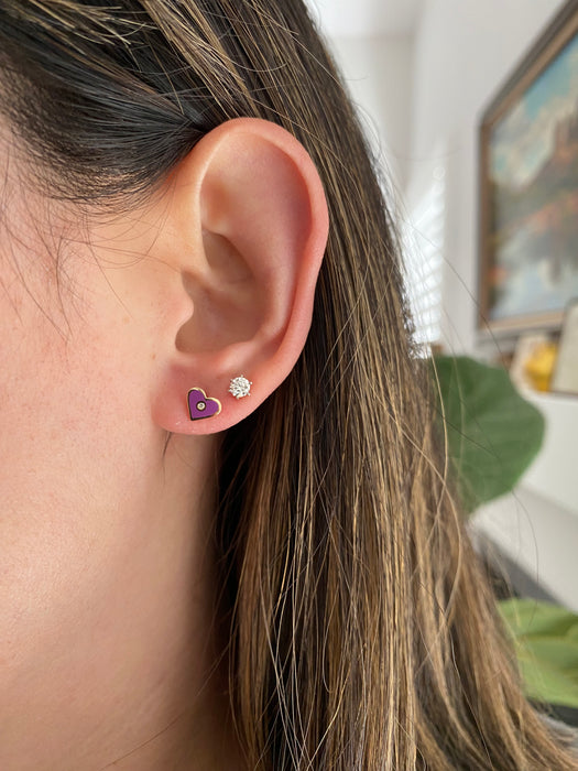 14K Gold Purple Enamel Diamond Heart Stud Earrings