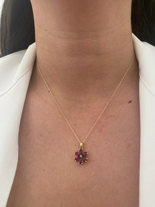 14k Rhodolite garnet diamond flower necklace