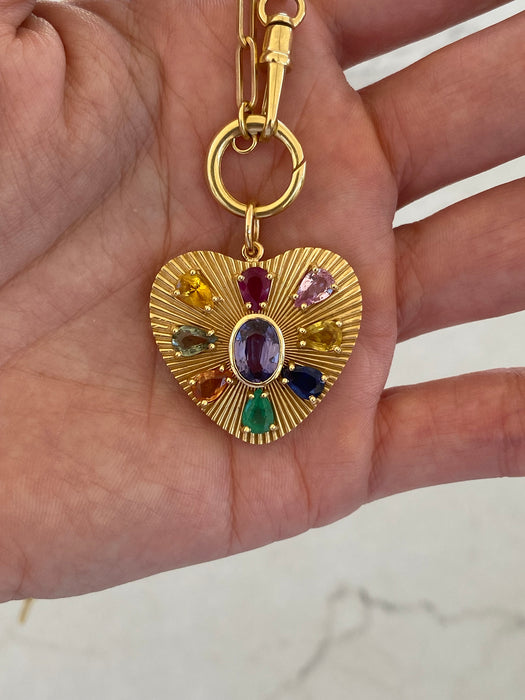 14K Gold Fluted Rainbow Gemstone Heart Charm -  5.31 TCW
