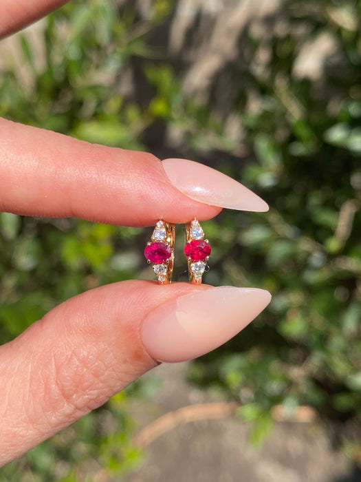 14K Gold Natural Ruby & Diamond Huggie Earrings