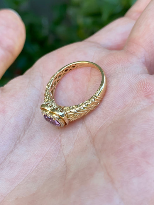 18K Gold Pink Sapphire Heart & Diamond Ring – 1.03 CT Unheated Sapphire – Size 6.5