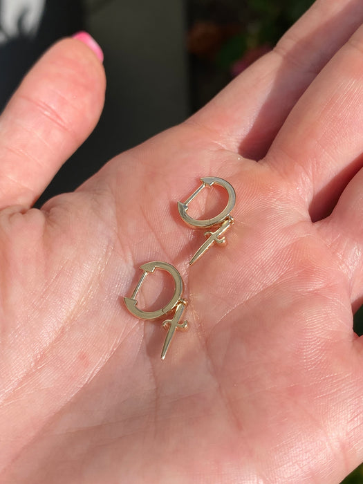 14K Natural Diamond Dagger Sword Huggie Earrings